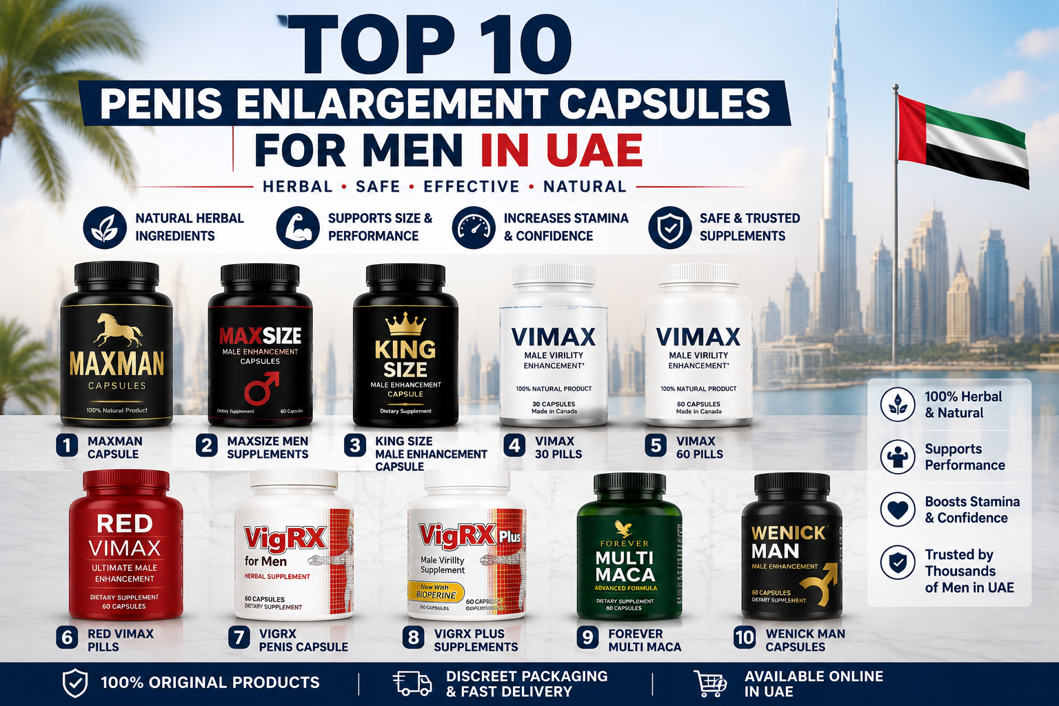 Top 10 Penis Enlargement Capsules for Men in UAE featuring popular herbal male enhancement supplements