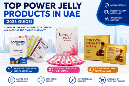 Top Power Jelly Products in UAE featuring Kamagra Oral Jelly, Lovegra Oral Jelly and Vega Extra Cobra 120