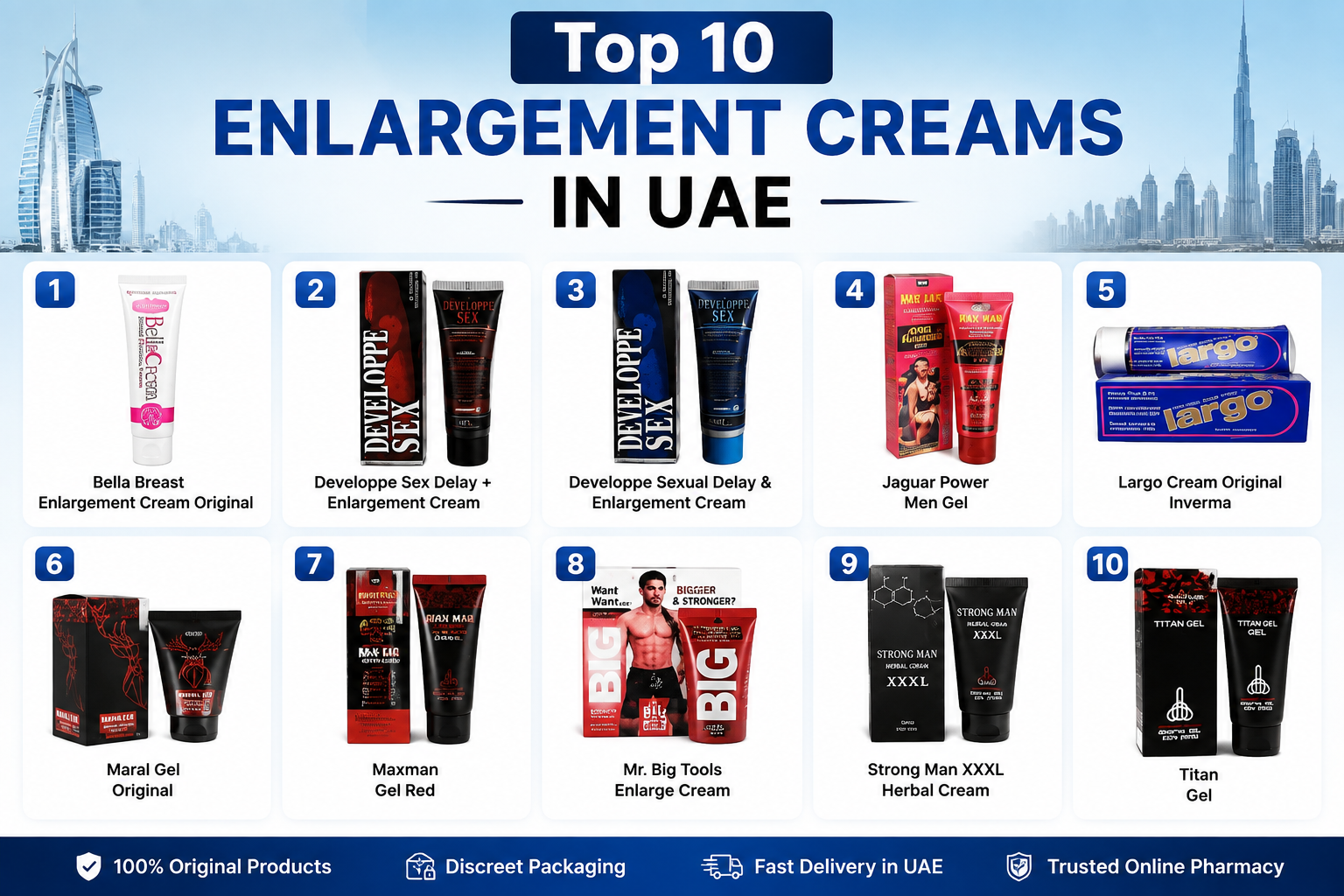 Top 10 Enlargement Creams in UAE featuring the most popular enlargement creams and gels